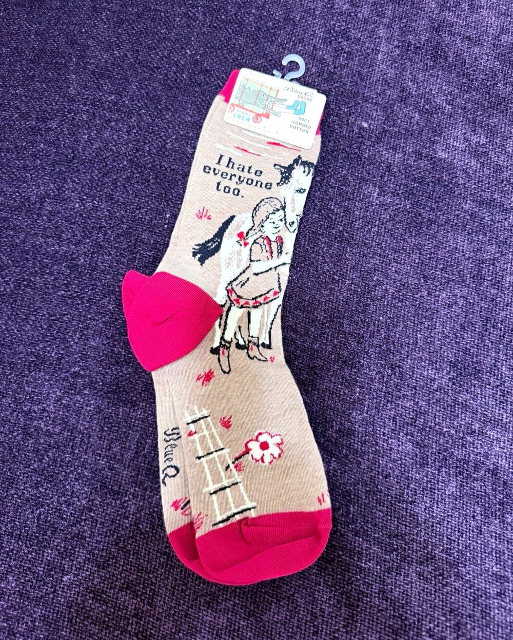 Blue Q Women's Crew Socks Size M Funny Horse Graphic Beige/Pink 1 Pair
